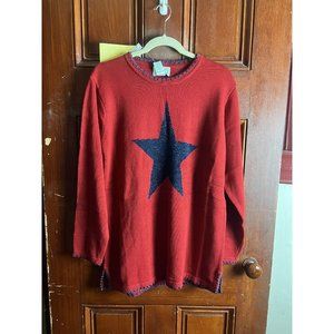 NWT Quacker Factory Star Spangled Sweater Blue Sparkly Star Christmas Red Sz L